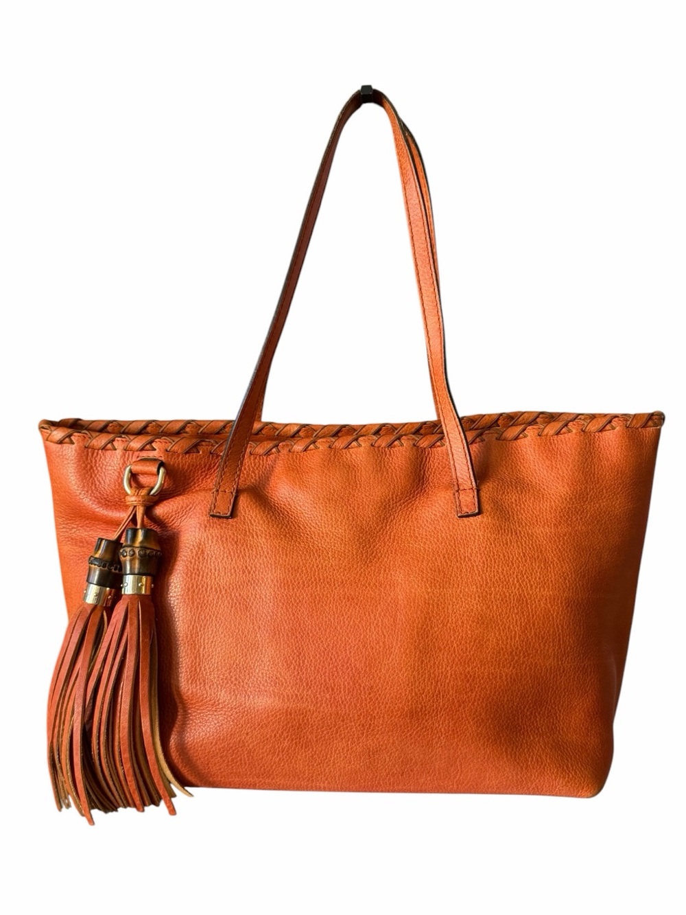 Gucci Bamboo Tassel Tote Whipstitched Shoulder Bag Large Orange Pebbled Leather